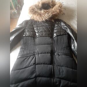 RudSak Leather Quilted Coat With Wrap Around Fur Hood.